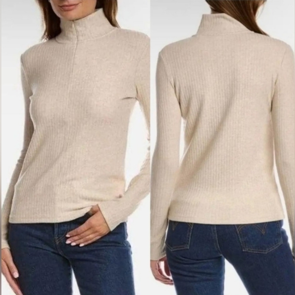 Vince Oatmeal/Beige 1/4 Zip Ribbed Sweater Mock Neck Size L Soft Quiet Luxury